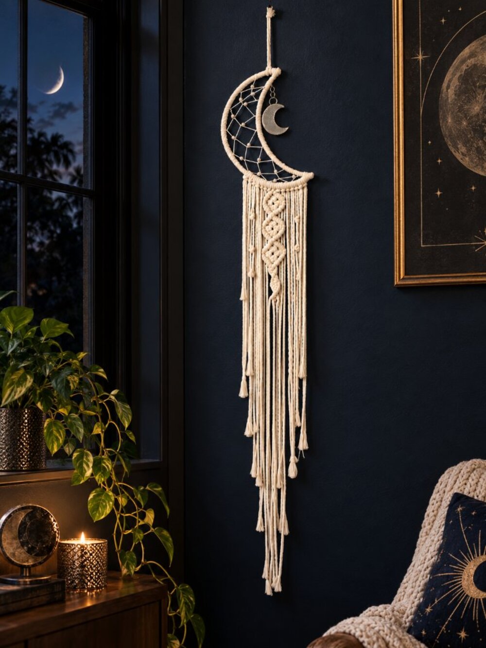 Macrame Moon Dreamcatcher Wall Hanging Boho Celestial Decor Cream 38"L x 7.8"W